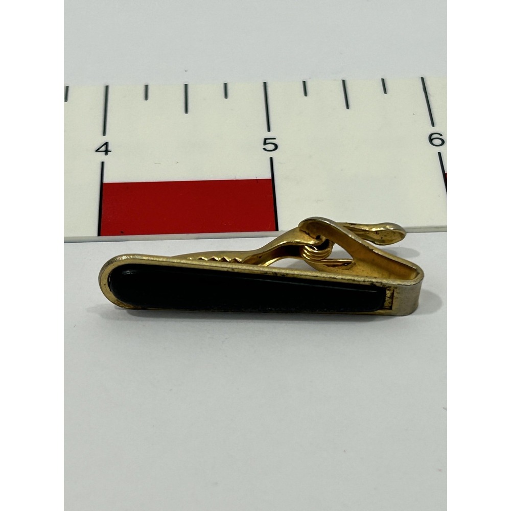 Gold Tone Mens Tie Clip Bar Black Inlay Tapered Classic Dress Accessory